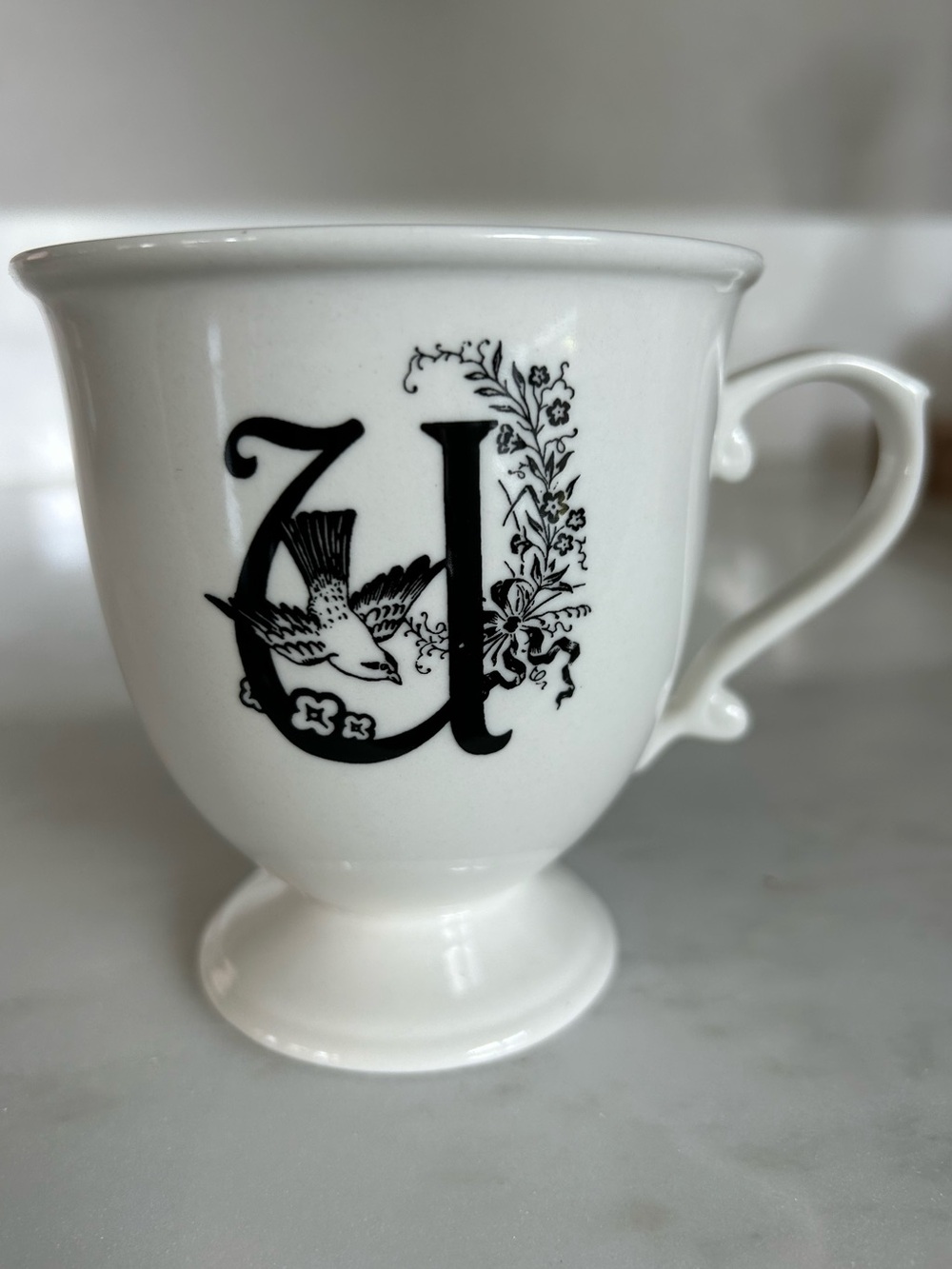 Anthropologie Monogram Letter “U” Footed Mug Floral & Bird Detail
